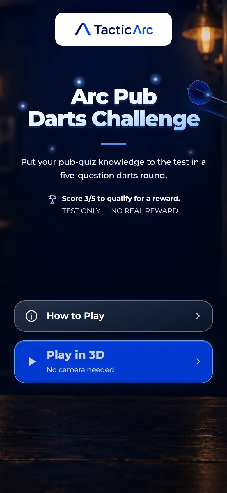 Current Engage Darts experience start screen