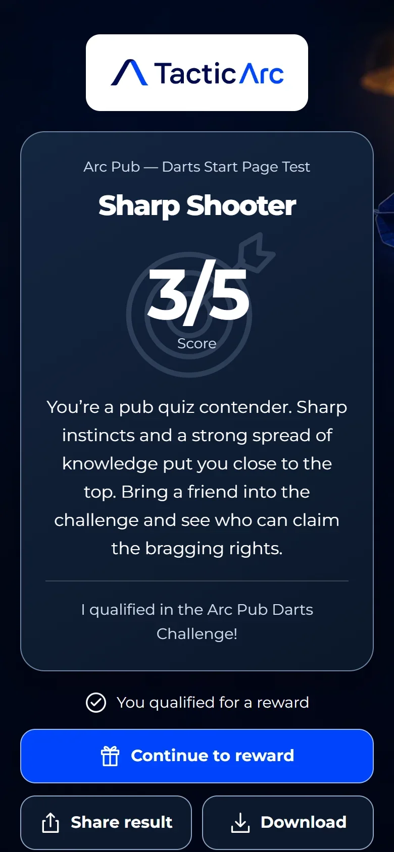 Sharp Shooter: actual 3 out of 5 score and personalised quiz feedback from our staging test campaign