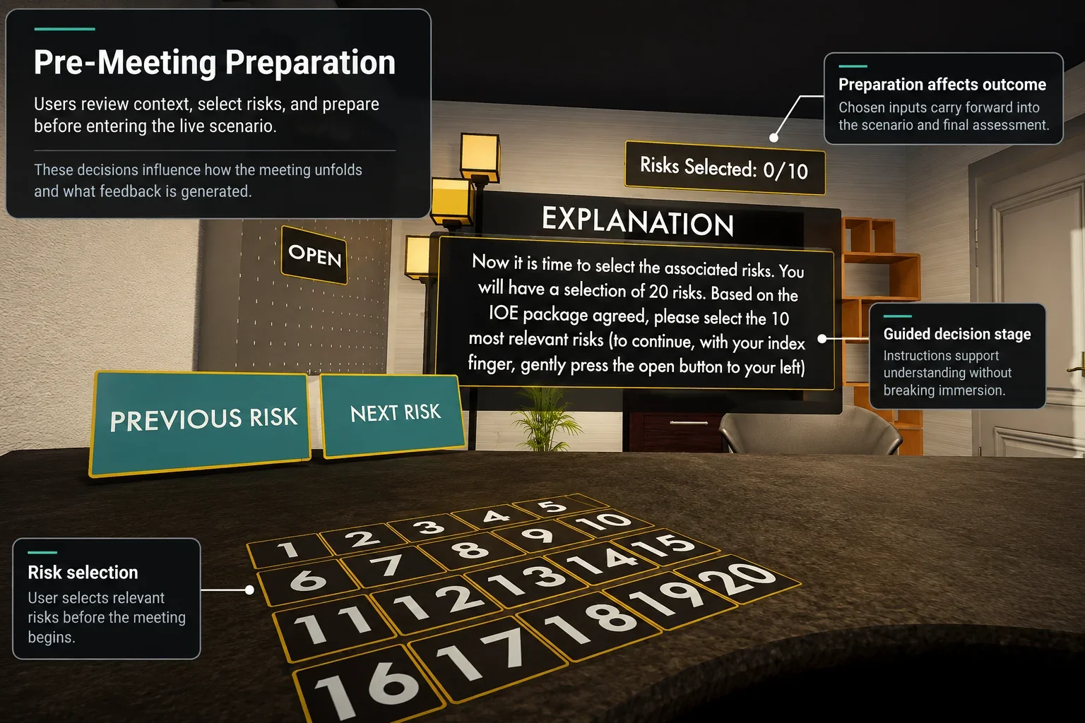 Interactive VR preparation screen from previous training delivery