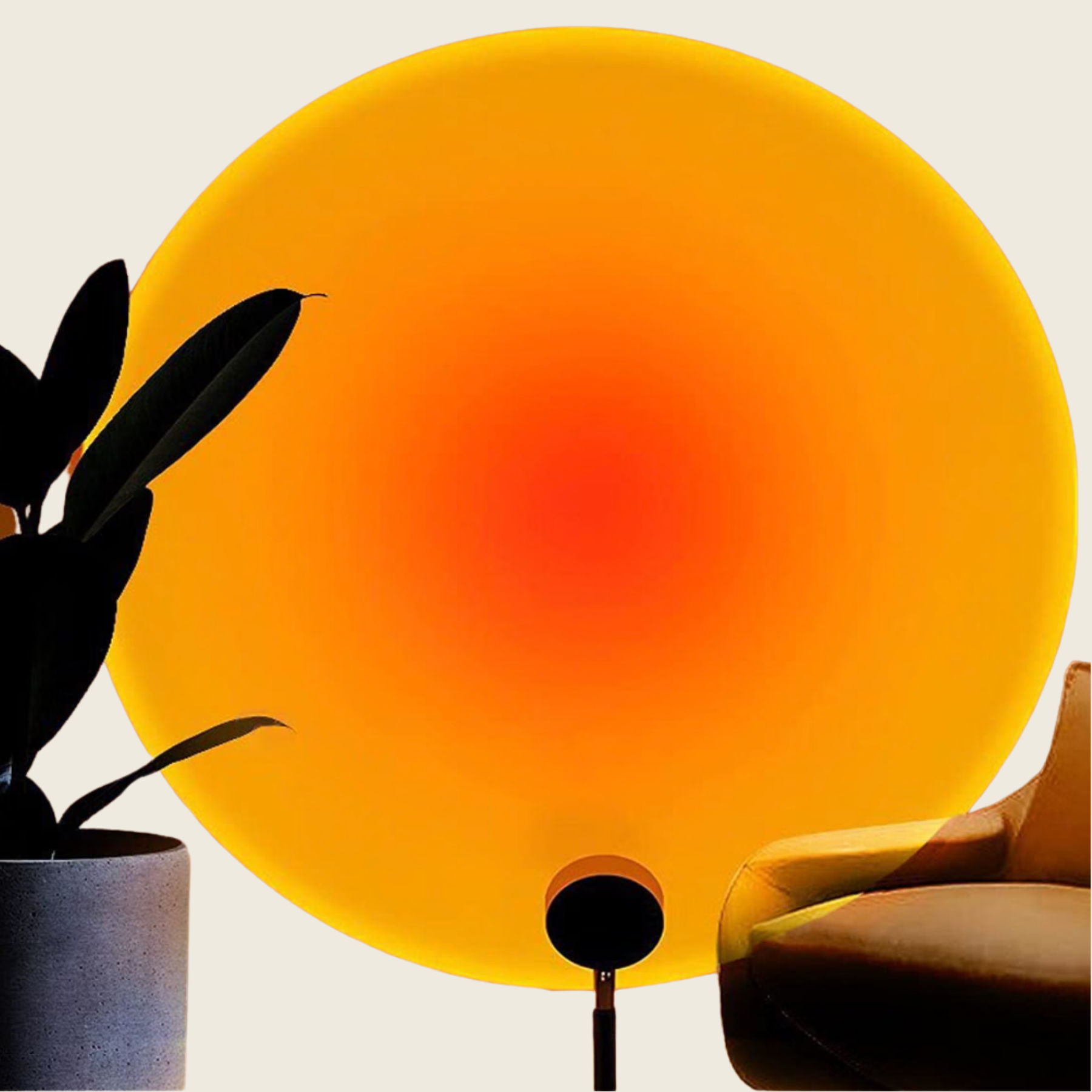 Sunset projection lamp casting a warm orange glow in a living room
