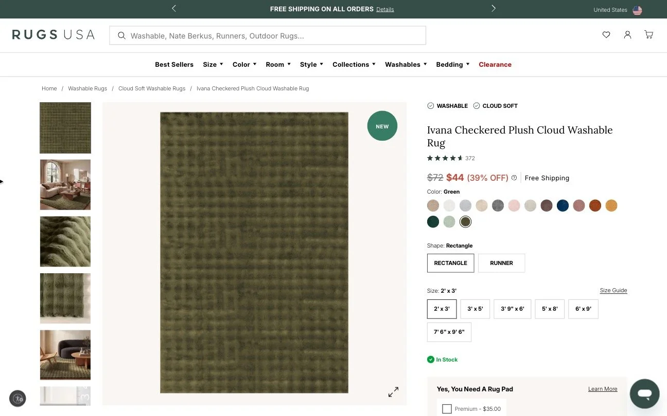 Standard Rugs USA PDP with rug on white background