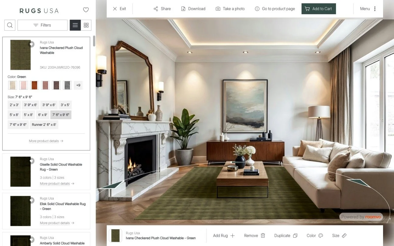 Roomvo AR showing rug placed in real living room