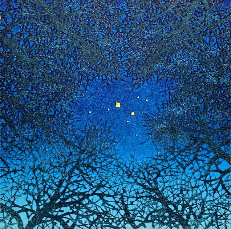 Canvas reprint of Tree Scene 126 by Hajime Namiki: a dense canopy of dark interwoven branches around a vivid blue opening with small pale stars and two yellow accents.