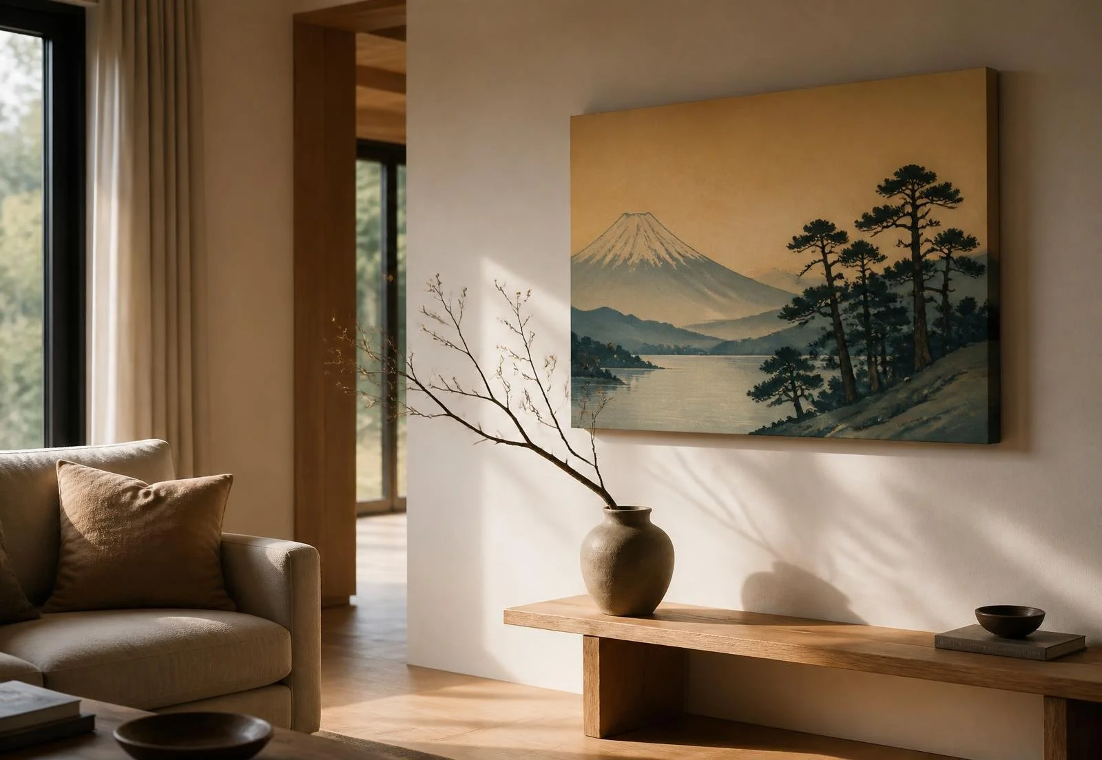 Interior styling illustration with a Japanese landscape canvas above a wooden console