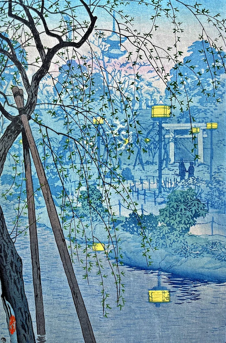 Canvas reprint of Misty Evening at Shinobazu Pond by Shiro Kasamatsu: a supported willow tree and hanging green leaves frame pale blue temple buildings, pink blossoms, yellow lanterns and their reflections in water.