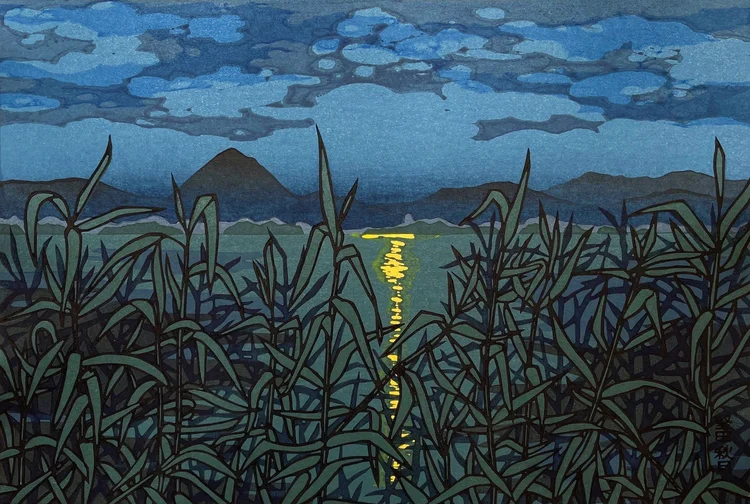 Canvas reprint of Autumn Moonshine in Katata, attributed to Katsuyuki Nishijima: yellow reflected light crosses blue water beneath distant hills and patterned clouds, seen through tall dark reeds.