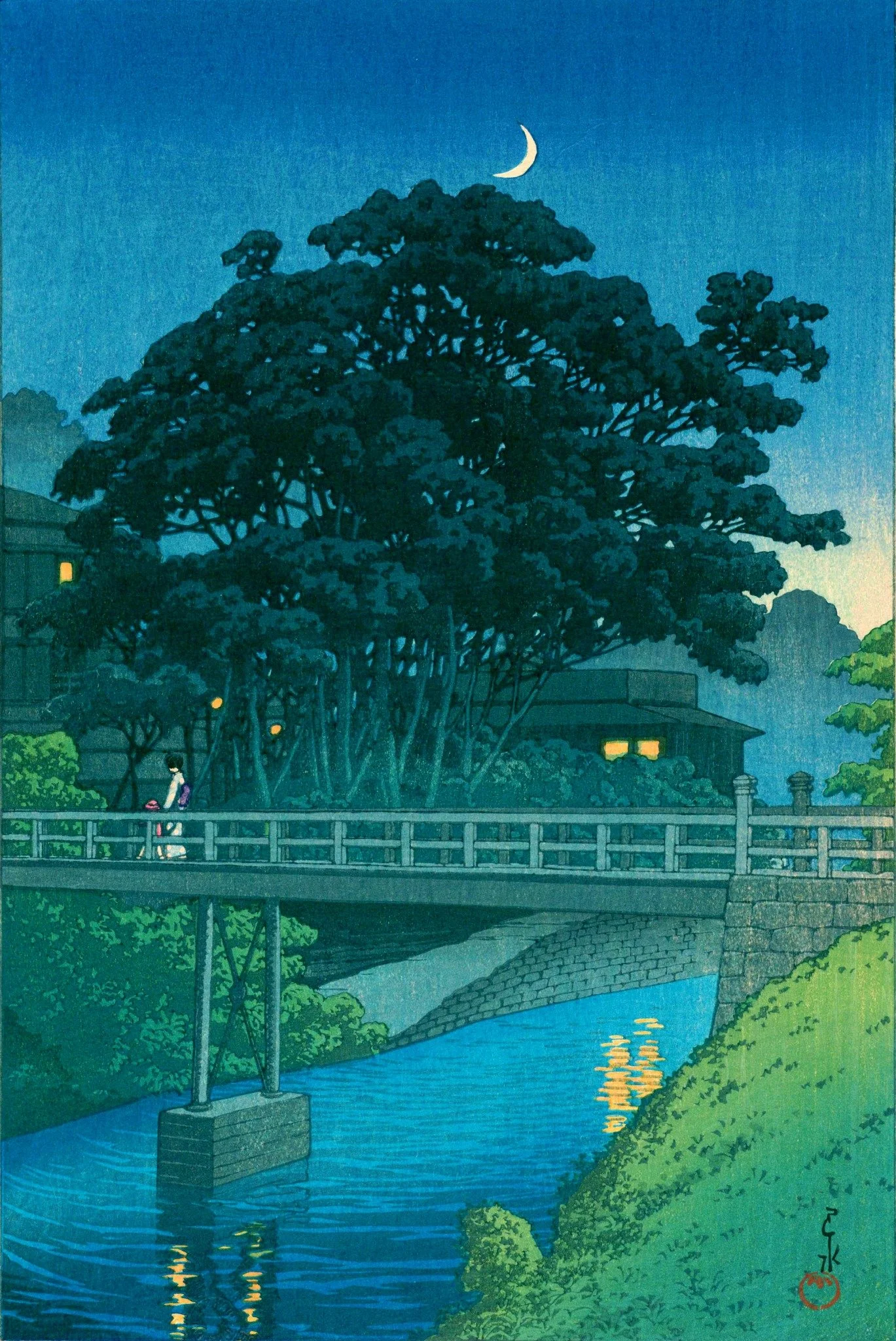 Takino River by Kawase Hasui: a crescent moon above a large leafy tree, two figures on a bridge, warm lit windows, blue river reflections, and green banks.