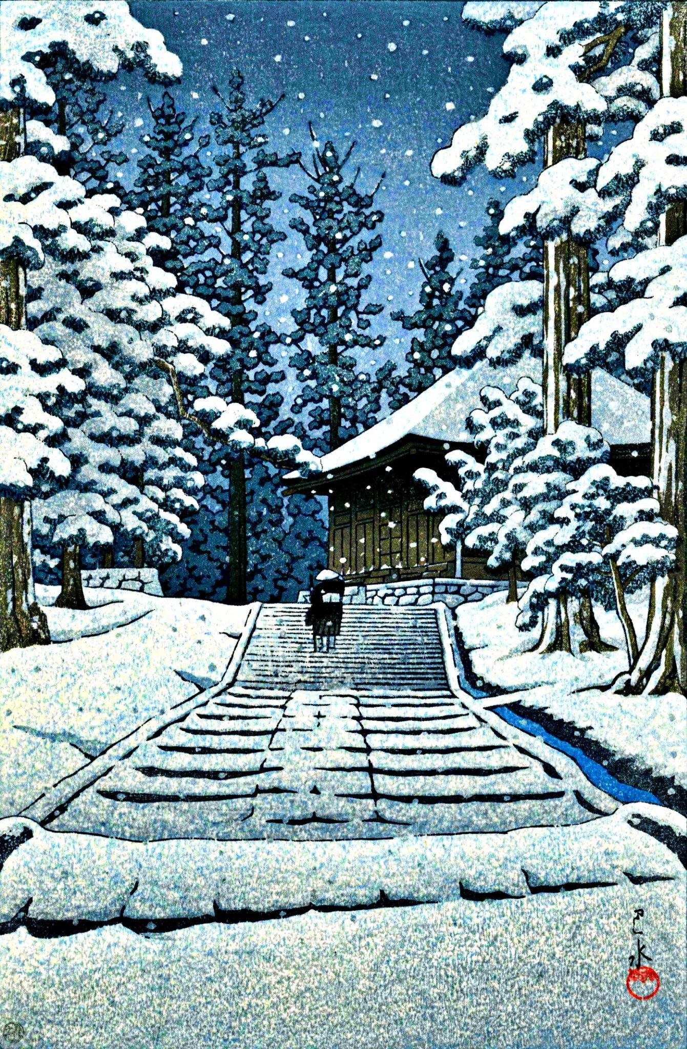Hall of Golden Hue, Hiraizumi by Kawase Hasui: a lone traveler in a broad hat climbs snow-covered stone steps toward a wooden protective hall among tall trees and falling snow against a blue sky.