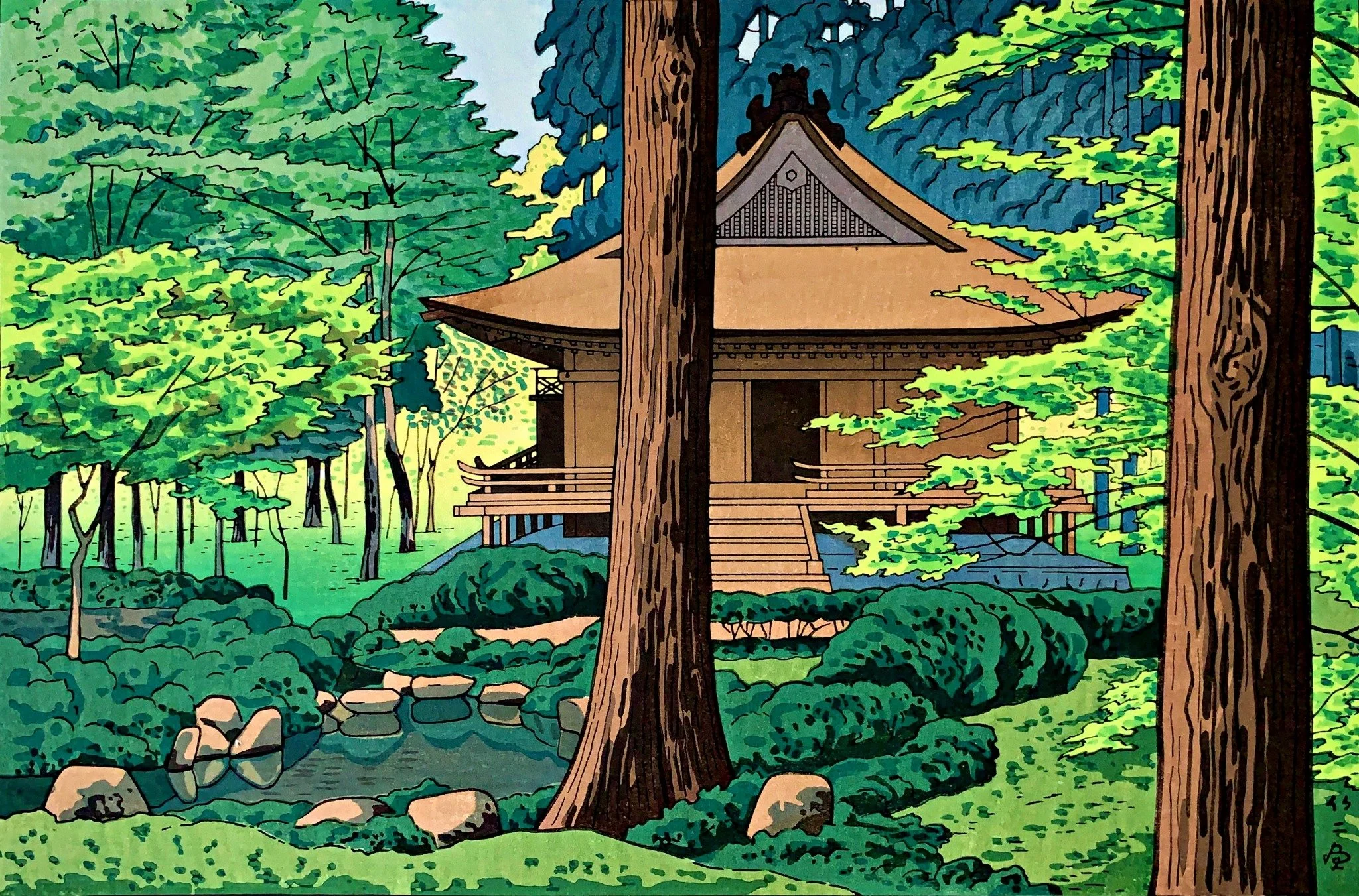 Early Summer in Sanzen-in by Takeji Asano: a brown temple hall behind two tall tree trunks, luminous green foliage, rounded shrubs, mossy ground and a stone-edged pond.