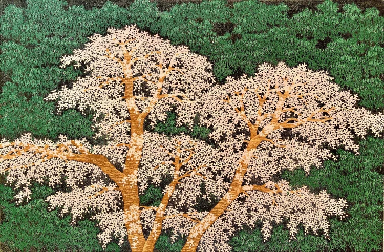 Canvas reprint of Weeping Cherry by Hajime Namiki: pale pink-white blossom clusters spread around golden-brown branching trunks against a densely textured dark green background.