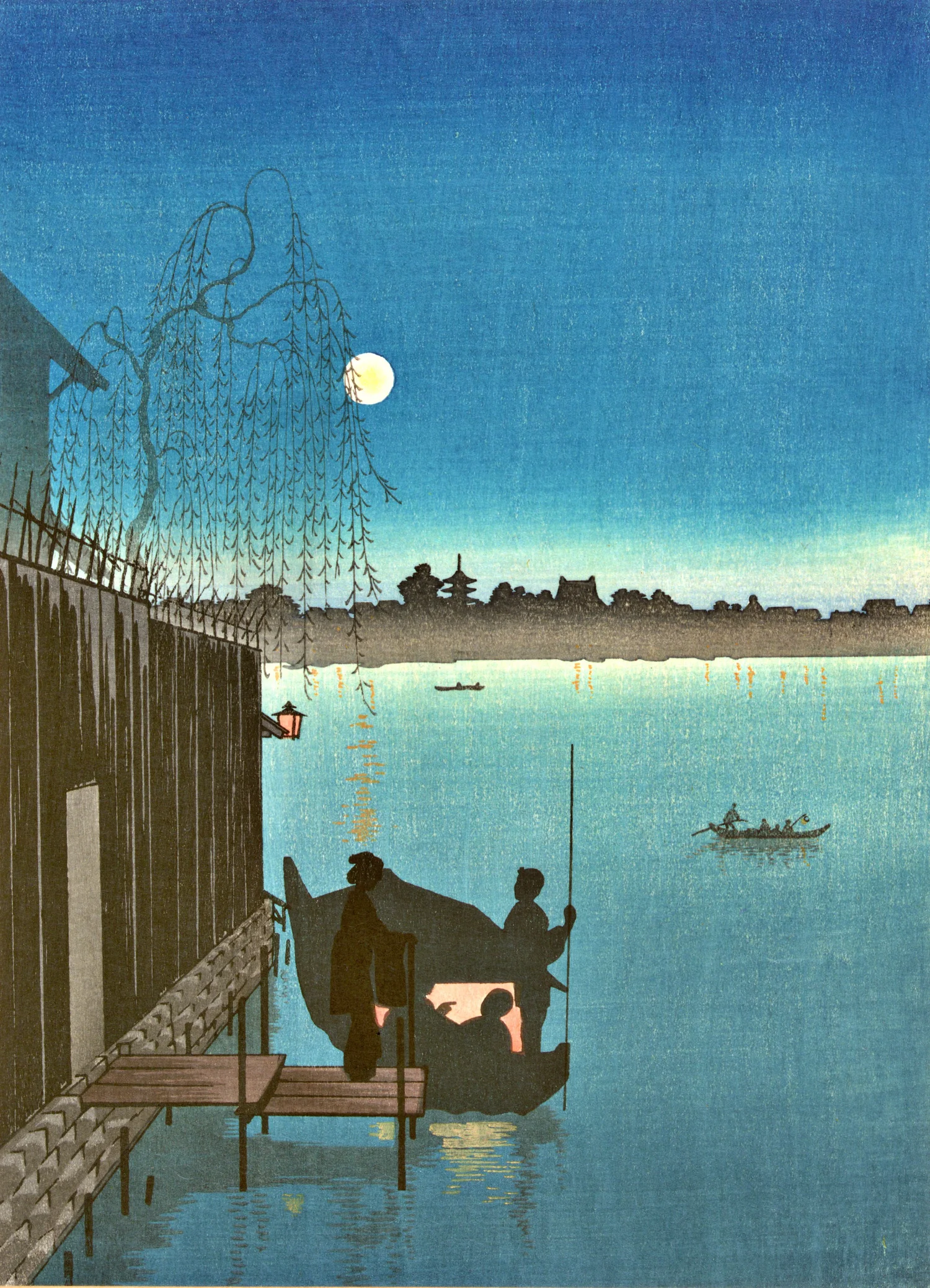 Evening Cool at Sumida by Eijirō Kobayashi: a pale moon beside trailing willow branches, a dark riverside building and landing, figures beside a warmly lit covered boat, and smaller boats on blue water before a distant pagoda and rooftops.