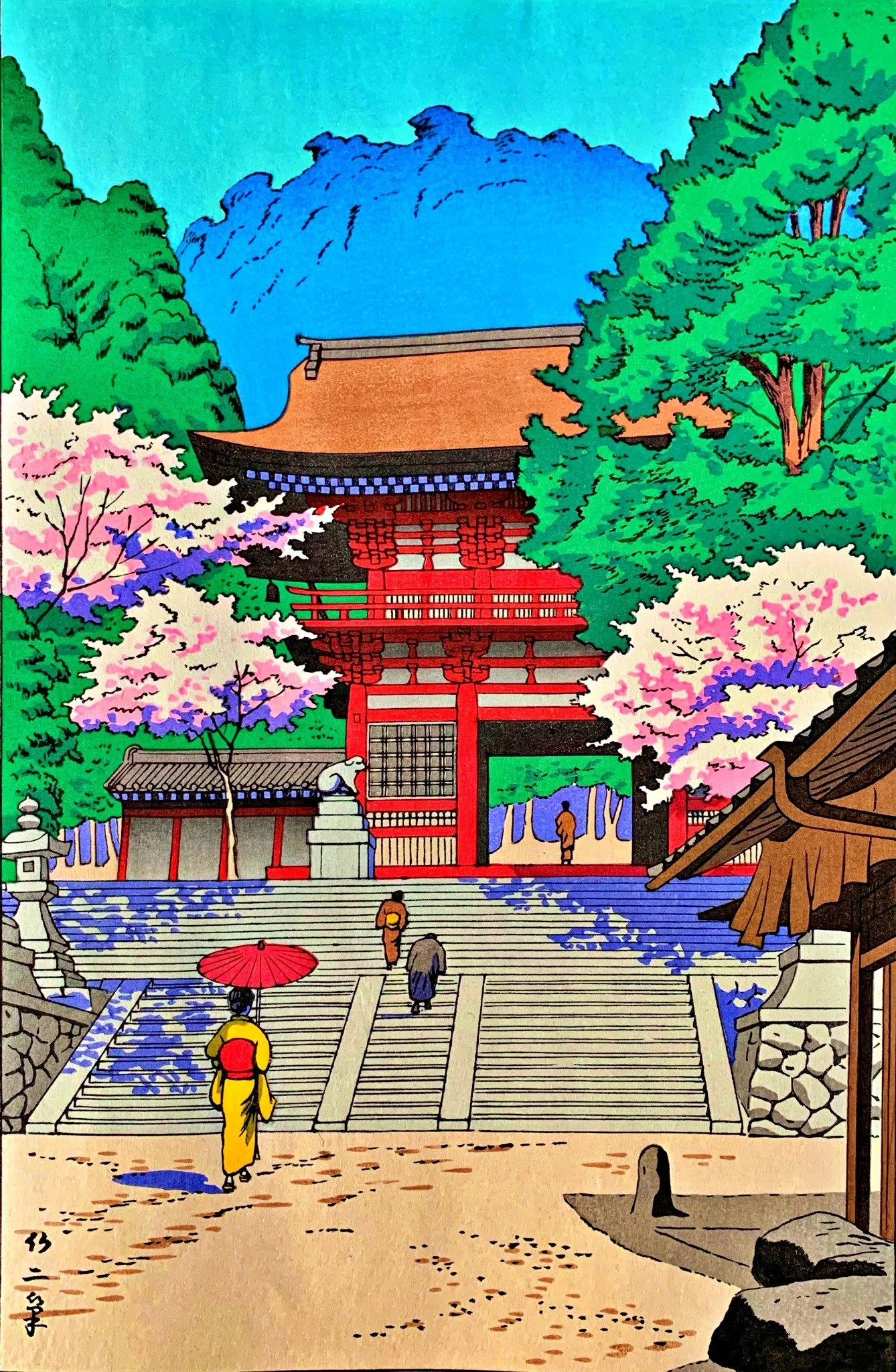 Spring in Kurama Temple by Asano Takeji, alternate image: red temple gate framed by pink cherry blossoms and green trees, blue mountain, broad stone steps, and a figure in yellow carrying a red parasol.