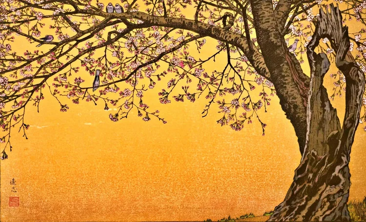 Canvas reprint of Cherry Blossoms by Toshi Yoshida: a massive textured cherry tree at right spreads pink blossoms and small grey birds across a golden yellow background.
