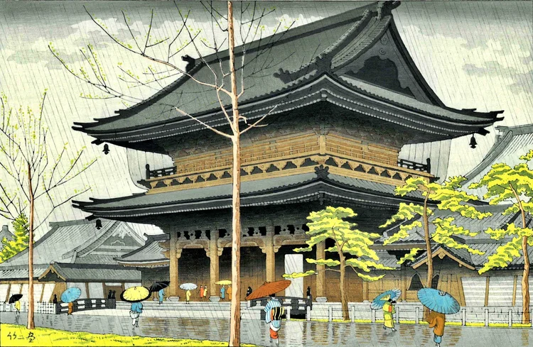 Canvas reprint of Rain at Higashi Honganji Temple by Takeji Asano: a monumental two-storey wooden gate with sweeping dark roofs, diagonal rain, visitors beneath colourful umbrellas, bright yellow-green trees and reflections on wet grey paving.