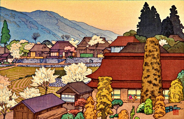 Canvas reproduction of Village of Plums by Toshi Yoshida: flowering plum trees among warm village rooftops beneath blue mountains and a golden sky.