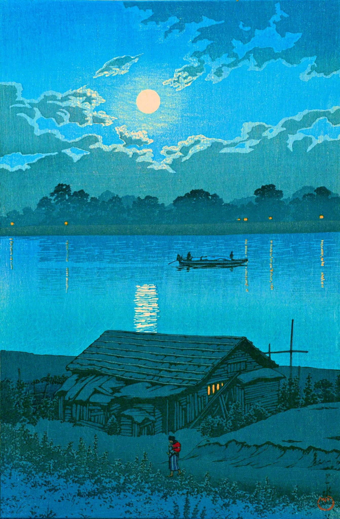 Moon on the Arakawa River at Akabane by Kawase Hasui: a full moon among blue-green clouds, a boat with two figures, amber shore lights, a low wooden house and a small figure with a red accent.