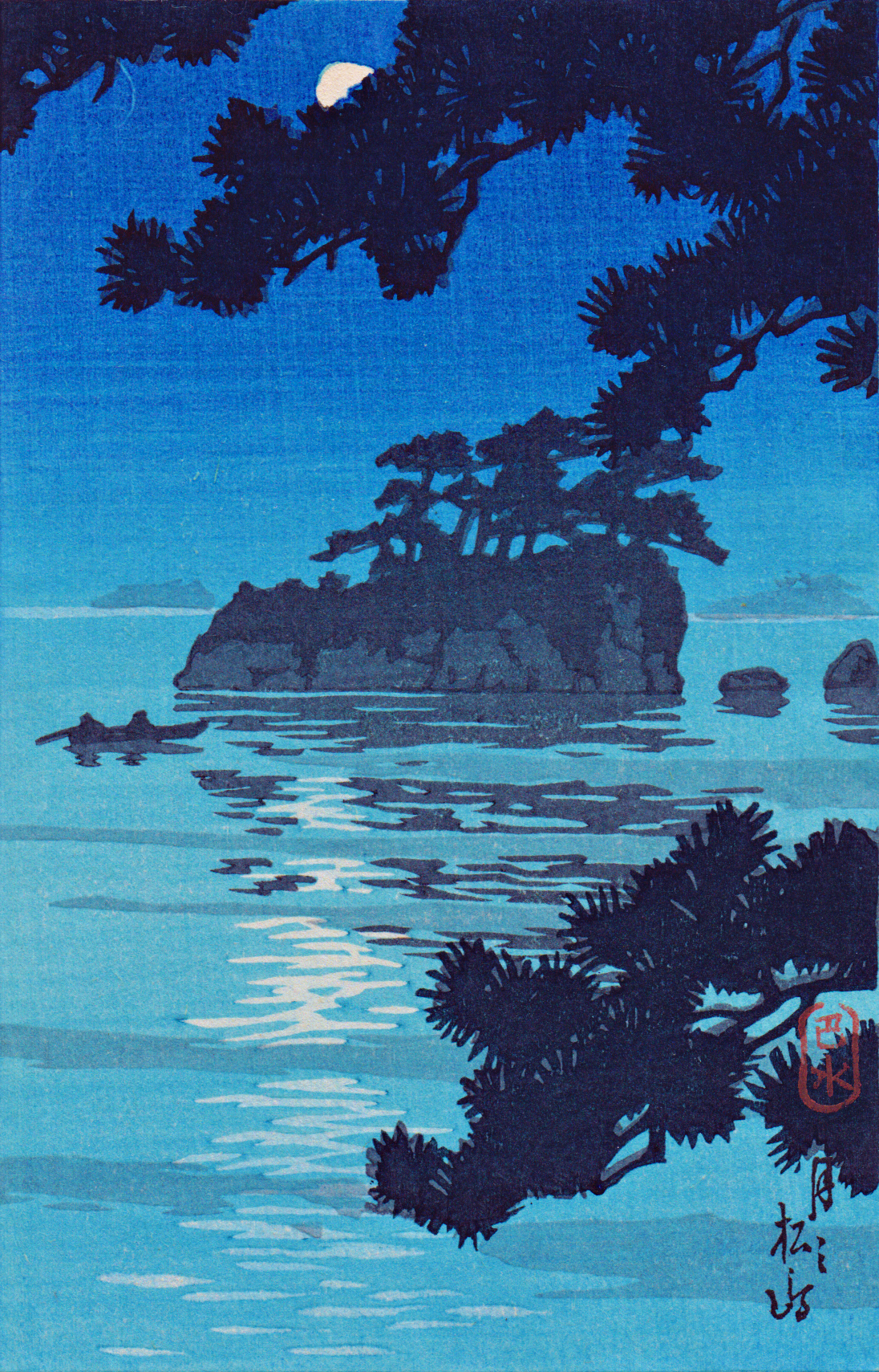 Moon at Matsushima by Kawase Hasui: dark pine branches frame a pale moon, a pine-covered rocky island, and a broken path of moonlight across bright blue water.
