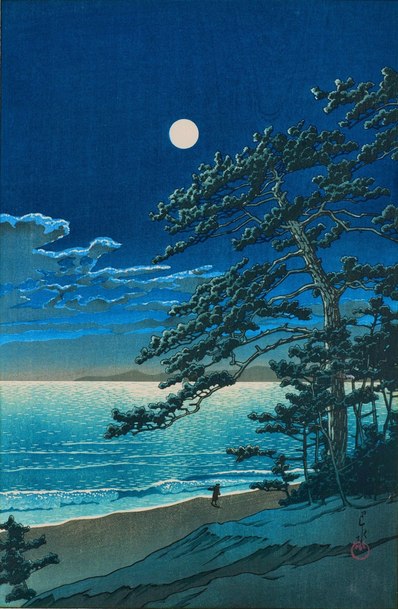Spring Moon at Ninomiya Beach by Kawase Hasui: a full moon above a blue sea, white surf, a solitary figure on the dark beach, and tall coastal pine trees.