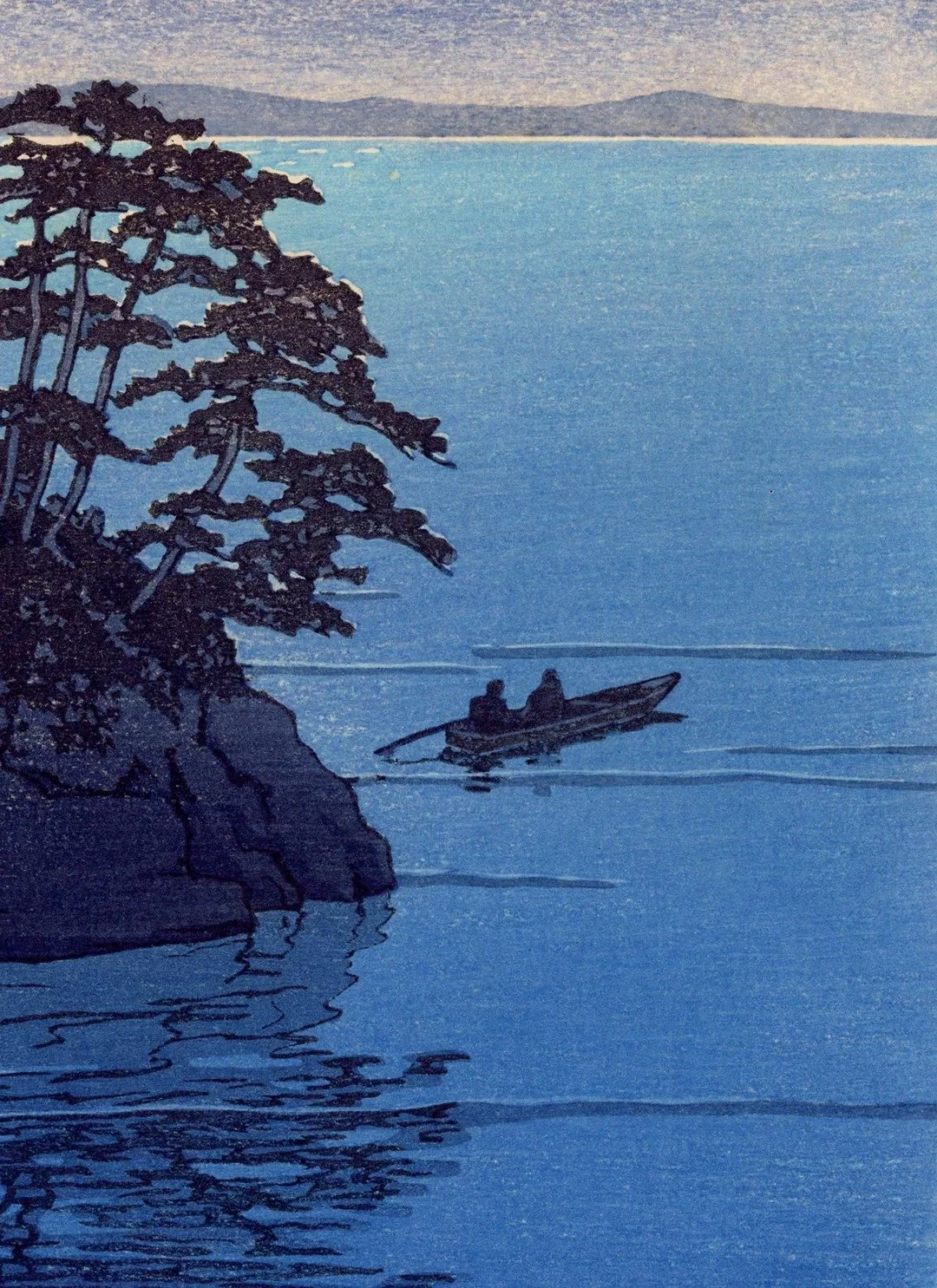 Cropped detail from Matsushima, Futagojima by Kawase Hasui: pine trees on a rocky island at left, a narrow boat carrying two figures, blue water and reflections, and a distant shore.