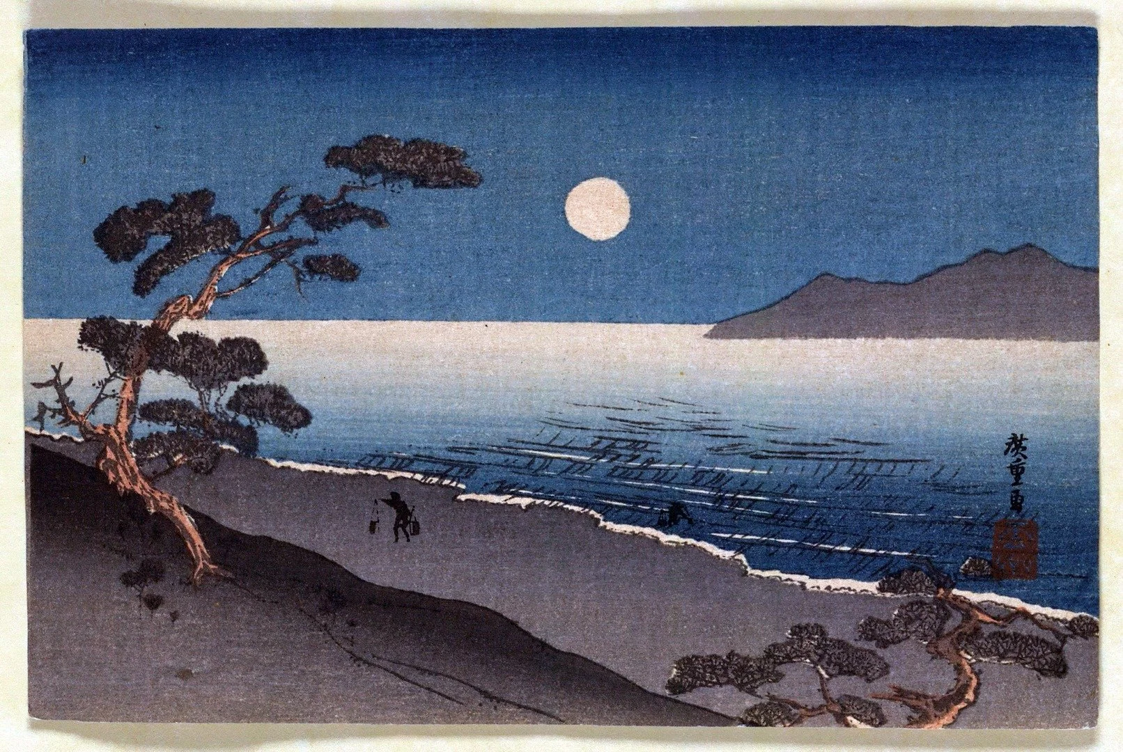 Suma Beach at Night by Arai Yoshimune: a pale moon over blue water, dark pines, a curving shore and a lone figure.