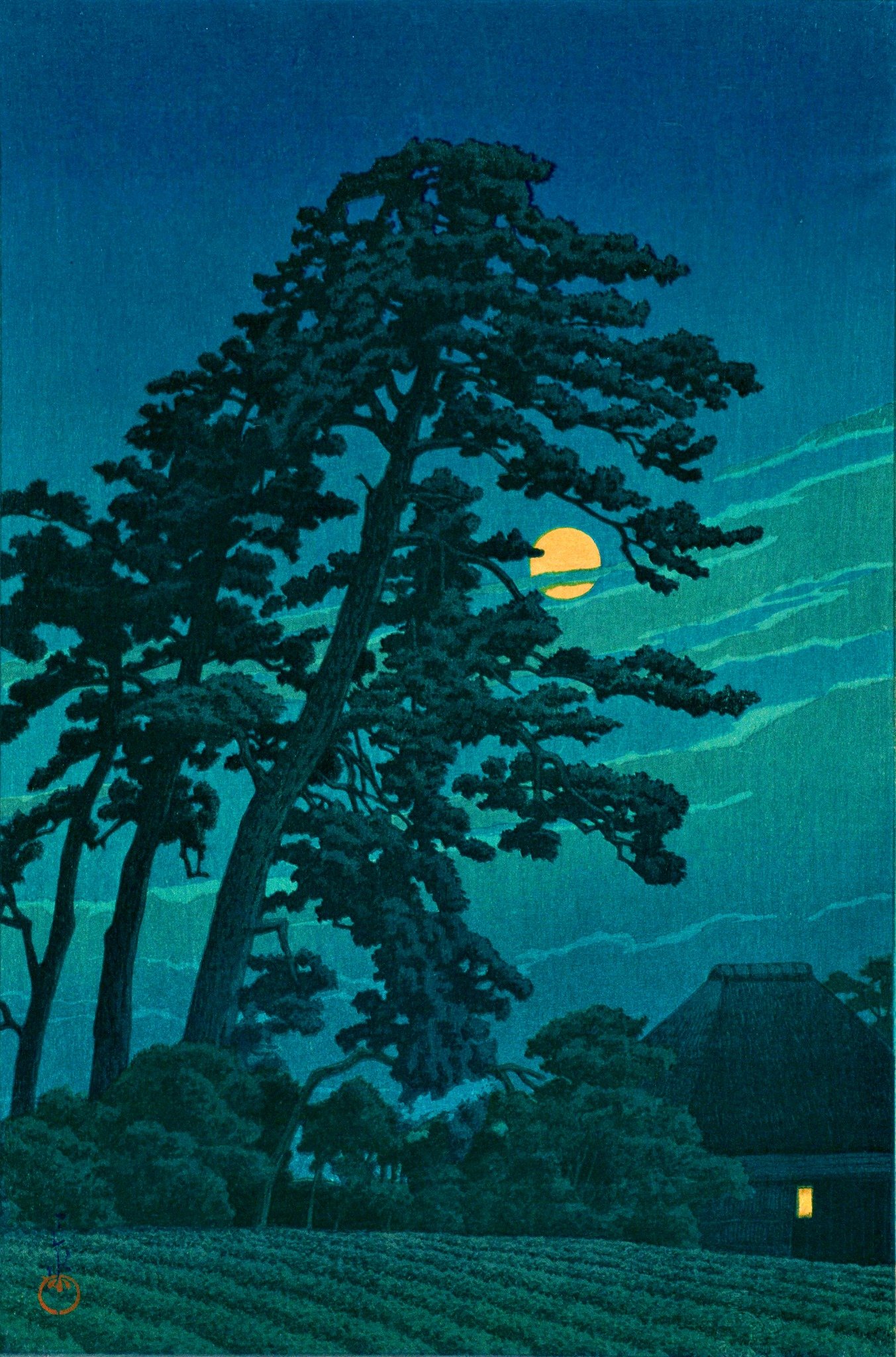 Full Moon at Magome by Kawase Hasui: dark pines frame a yellow moon crossed by clouds, above a farmhouse with one lit window and a green field.