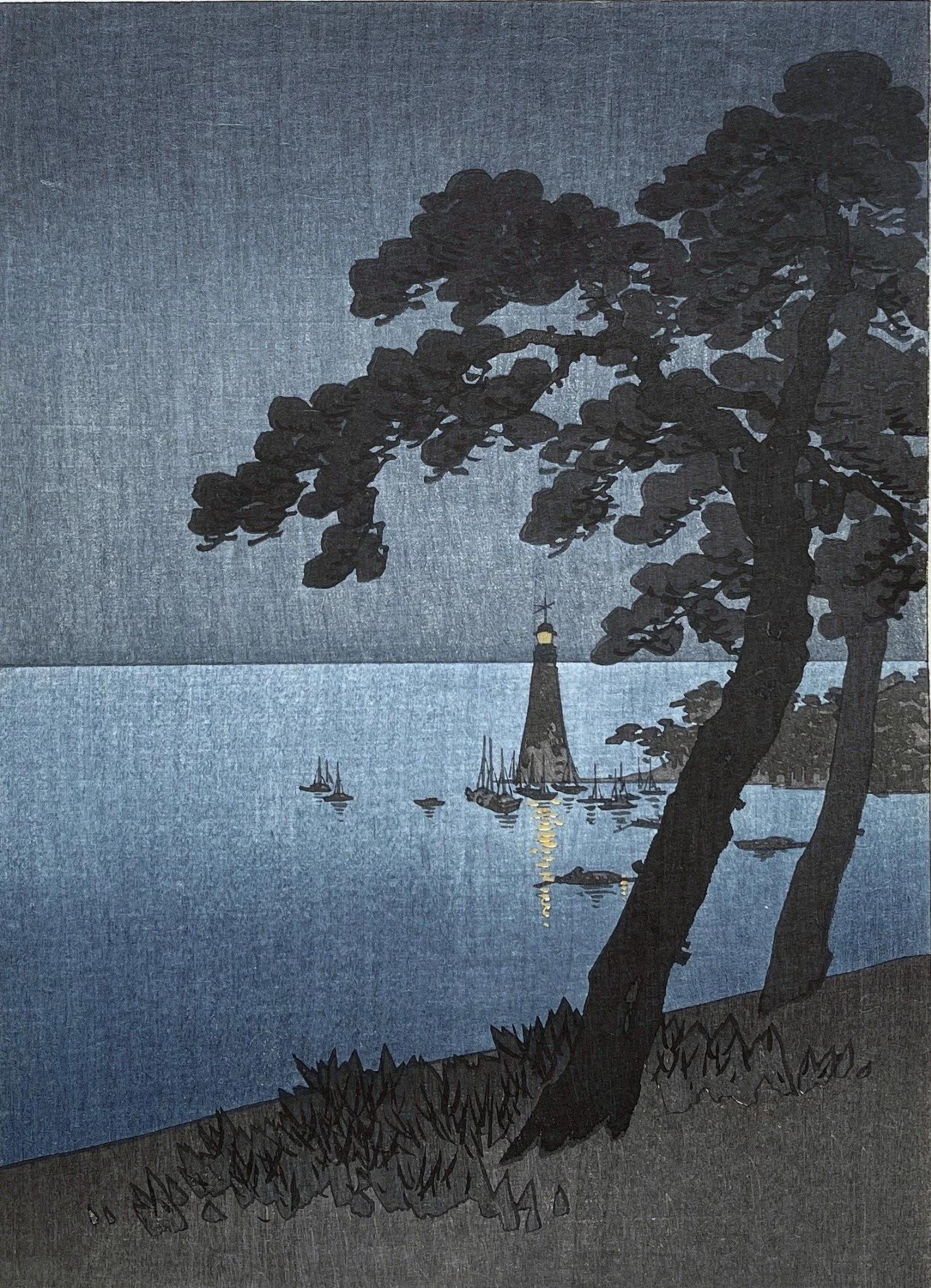 A Lighthouse, attributed to Gyosui: dark pines frame a golden beacon and its reflection across blue water, with small boats around the tower.