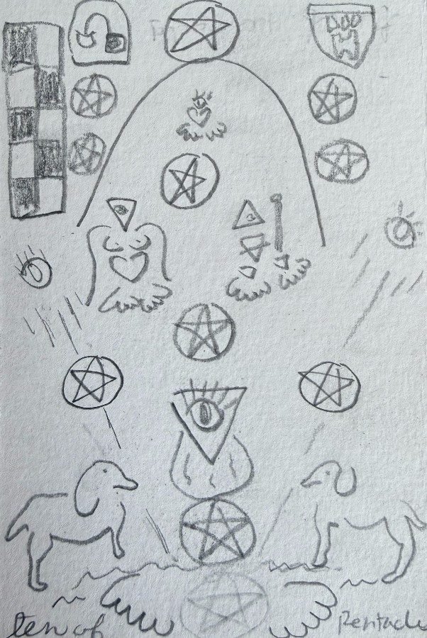 Hand-drawn Ten of Pentacles tarot card by Catherine of Hi Heart Healing