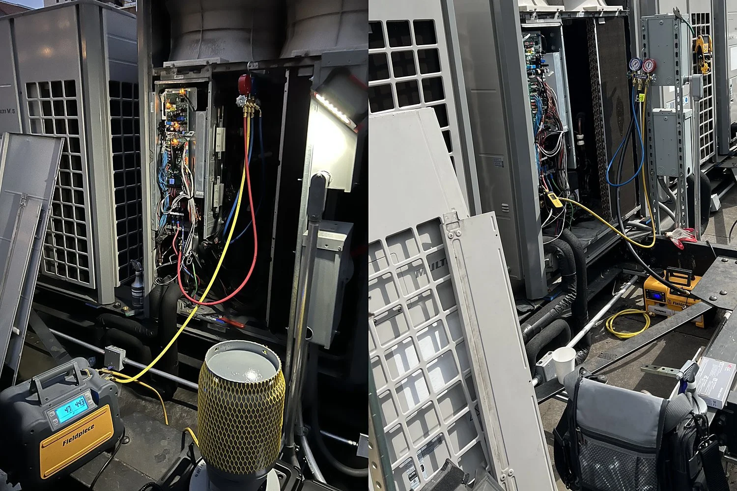 Rooftop VRF outdoor unit with a refrigerant recovery machine and cylinder connected on the left, and the finished installation with panels back on and gauges attached on the right