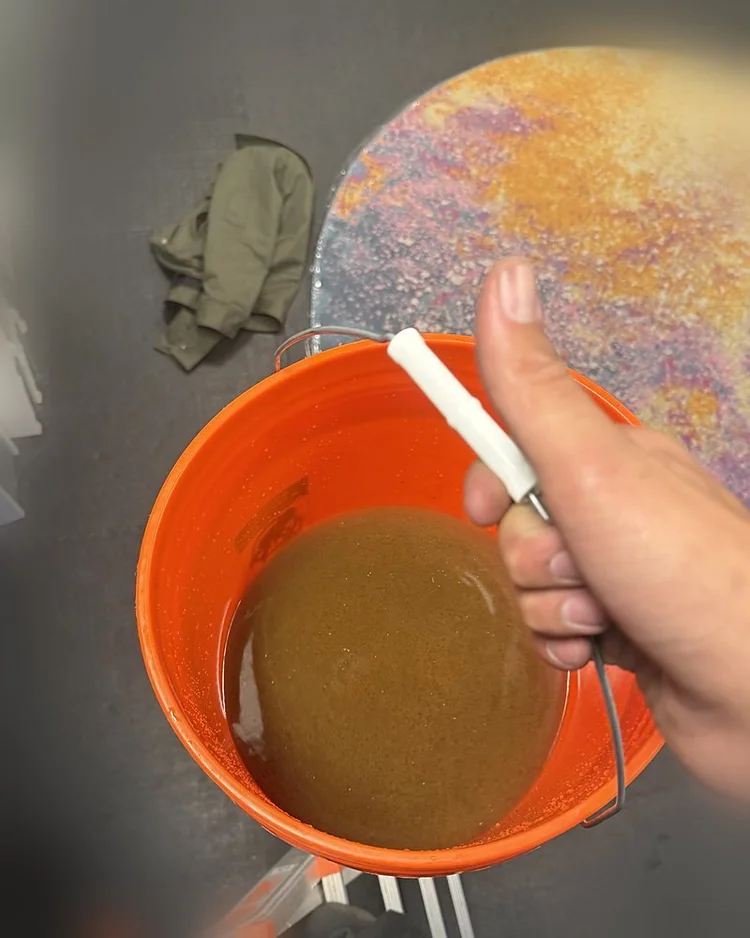 Orange bucket holding brown water flushed from a strainer