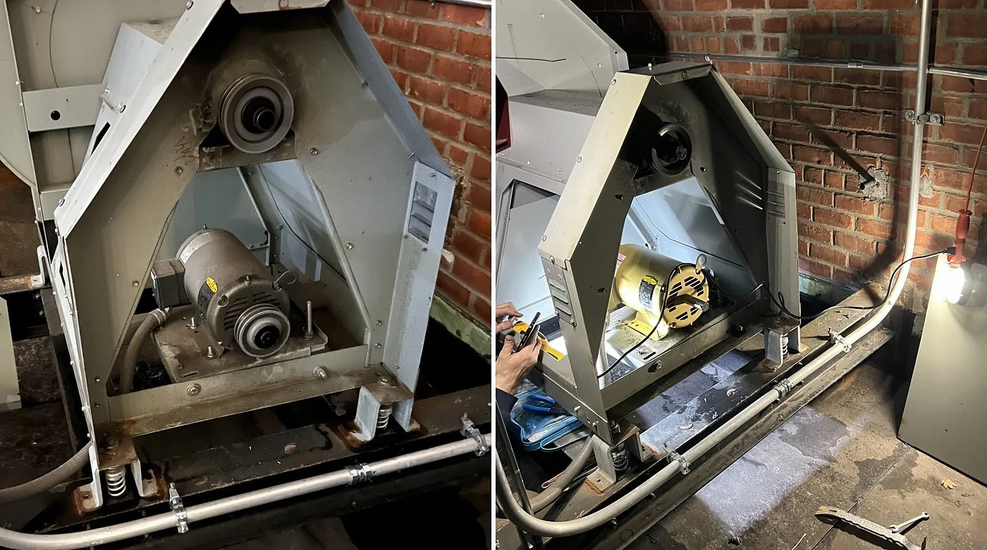 Rooftop kitchen exhaust fan housing with the failed grey motor on the left, and the same fan with a new yellow replacement motor installed on the right