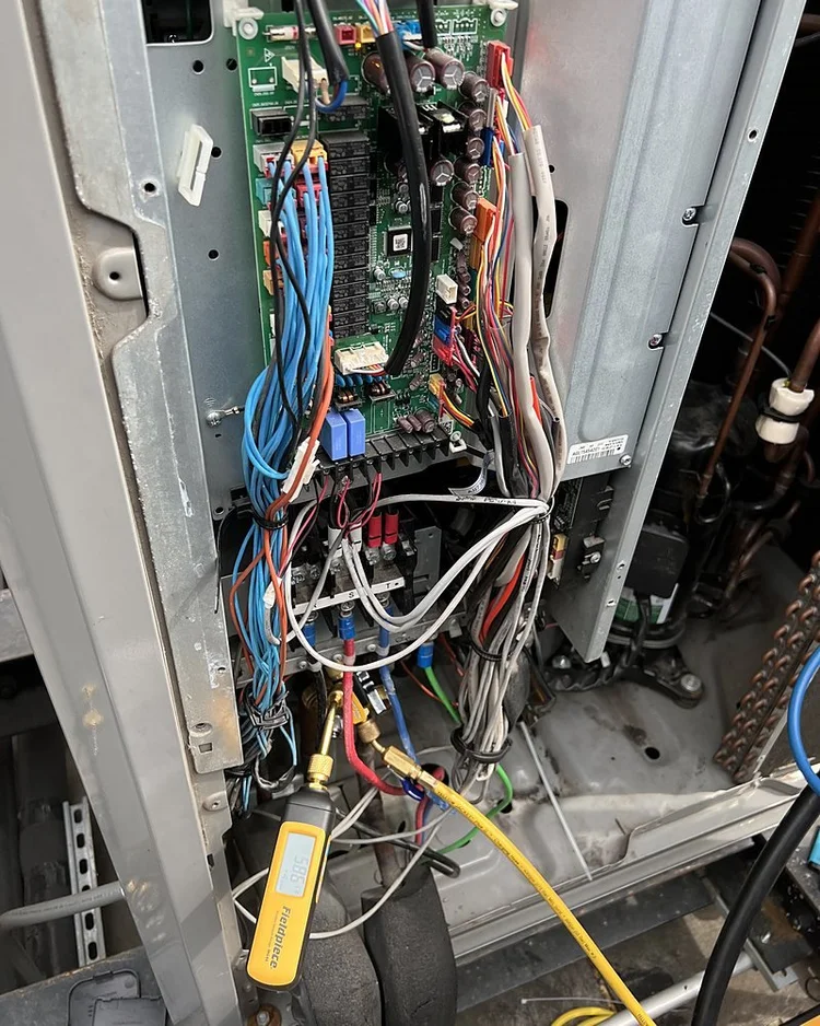 Inverter control board and wiring inside an open VRF outdoor unit