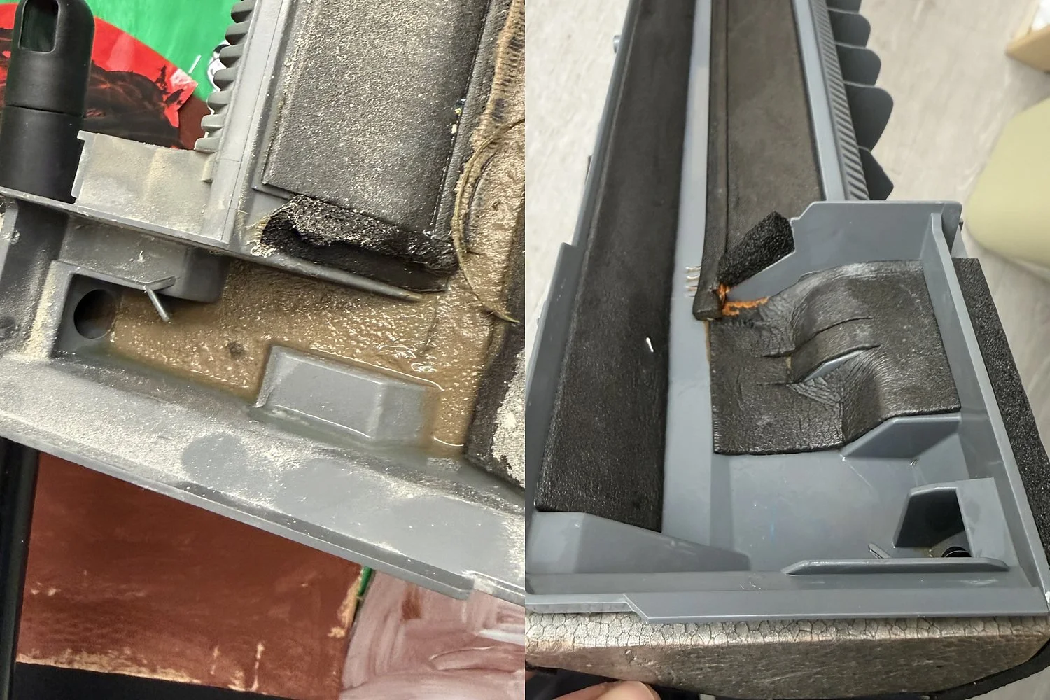 Ductless indoor unit drain pan before cleaning (left, covered in brown sludge) and after cleaning (right, clean pan)