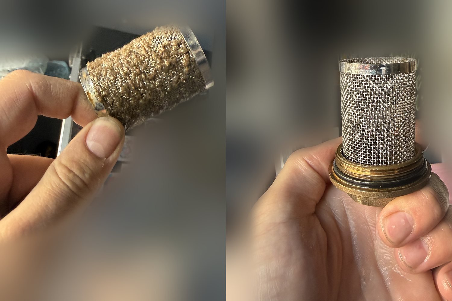 Strainer basket before and after cleaning: clogged with brown sludge on the left, clean stainless mesh on the right