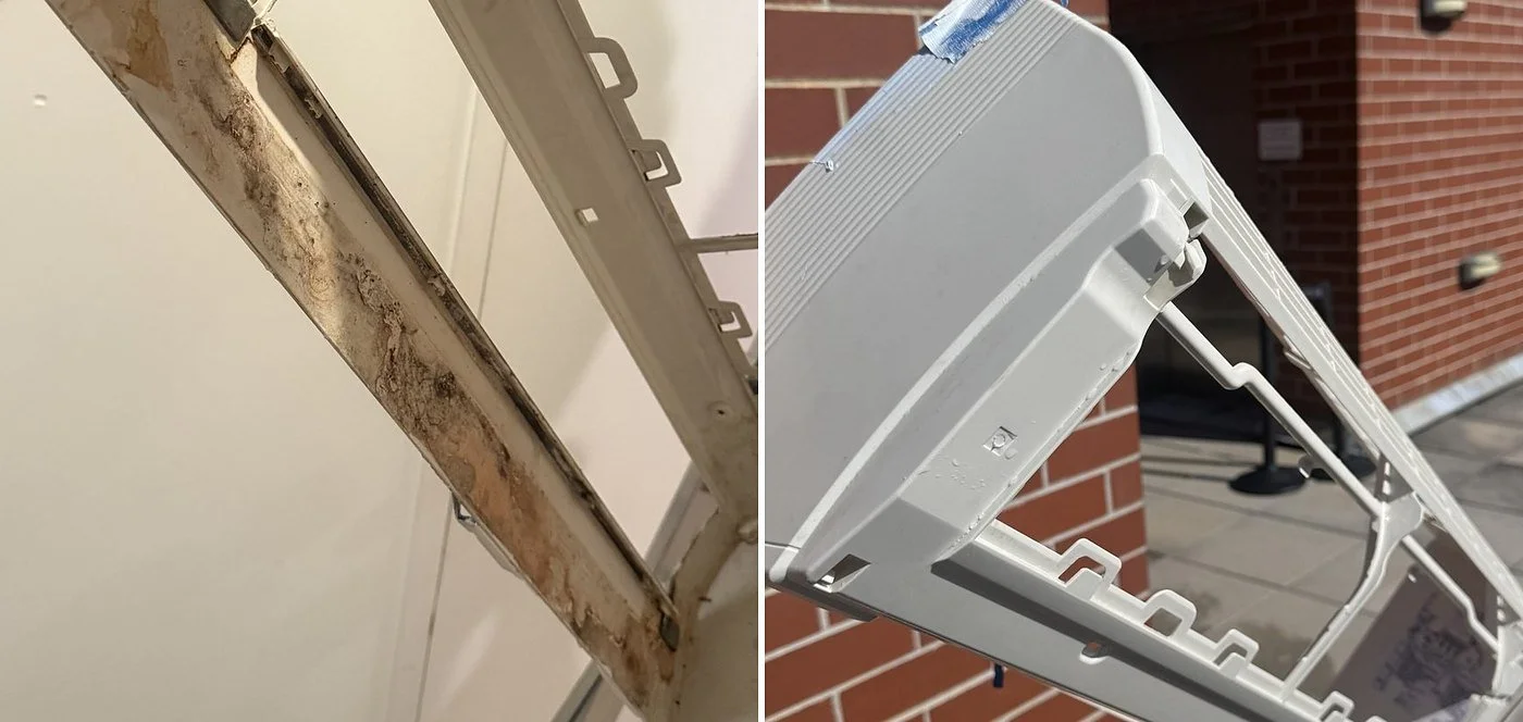 Ductless unit drain pan and front grille assembly before and after cleaning: heavy mold and sludge on the left, clean white assembly on the right