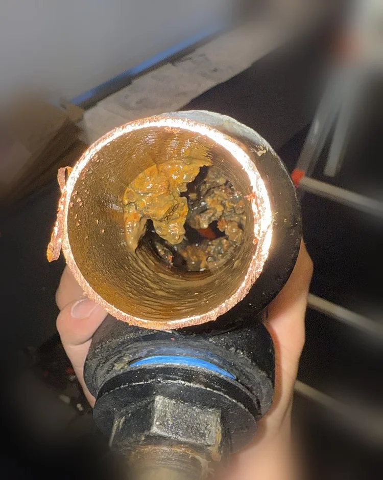 Opened strainer body packed with brown sludge and scale