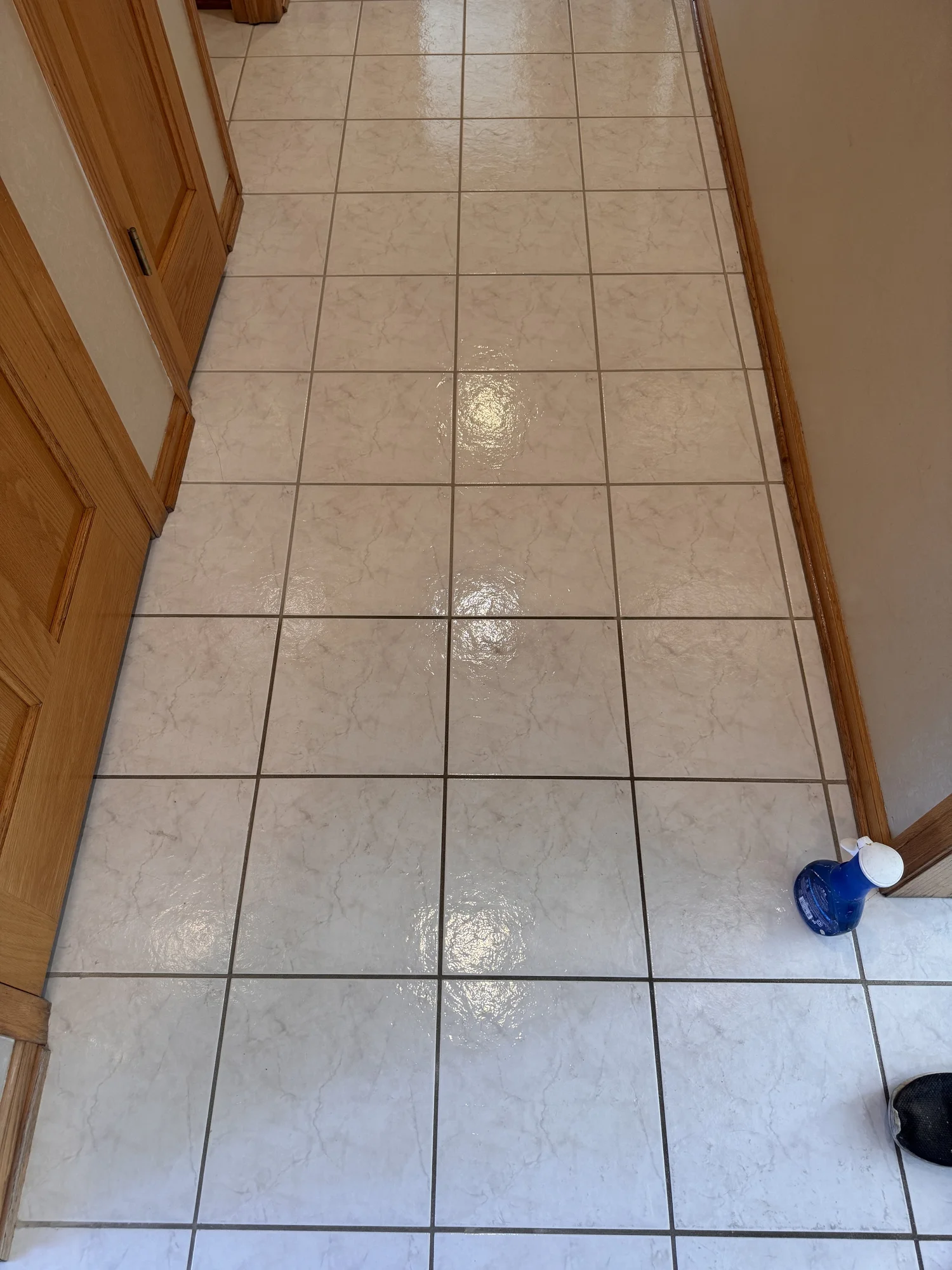 Tile floor during professional grout cleaning, showing the contrast as cleaning progresses