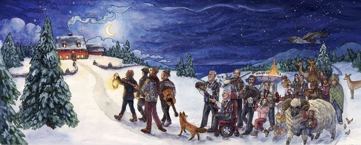 A moonlit winter parade of singers, musicians, animals, and folkloric characters