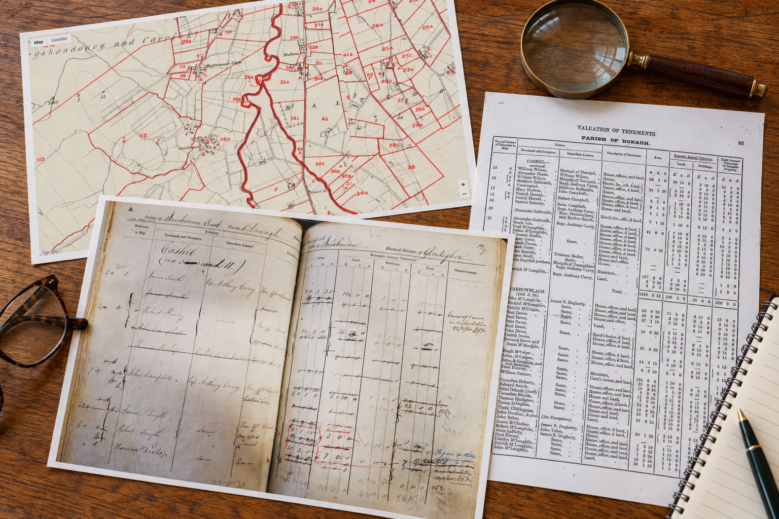Historic townland map, land valuation records and a magnifying glass arranged on a wooden desk