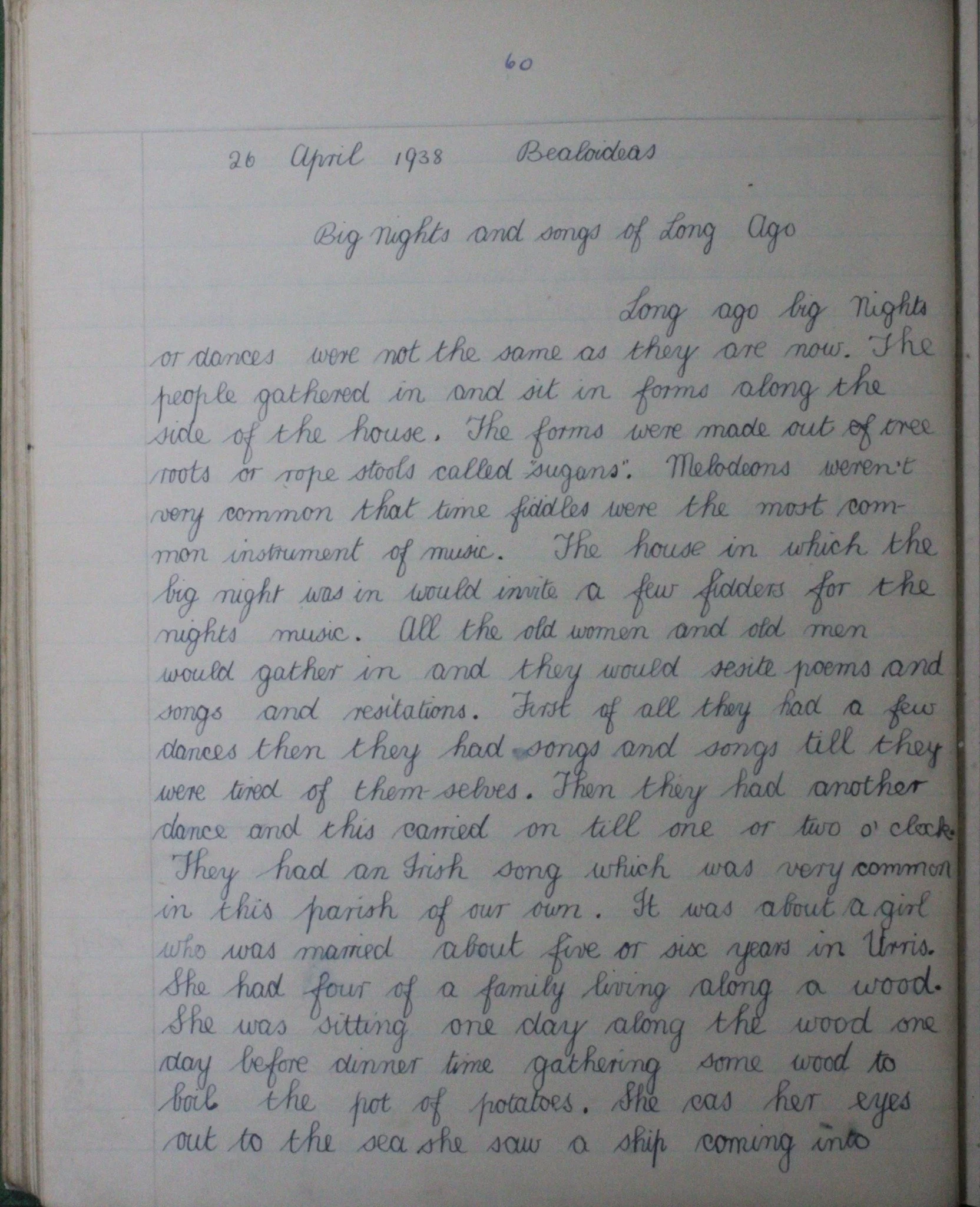 Brian Devlin’s original handwritten contribution, dated 26 April 1938. Dúchas, The Schools’ Collection, page 60.