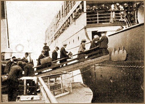 Historic photograph of passengers boarding a ship