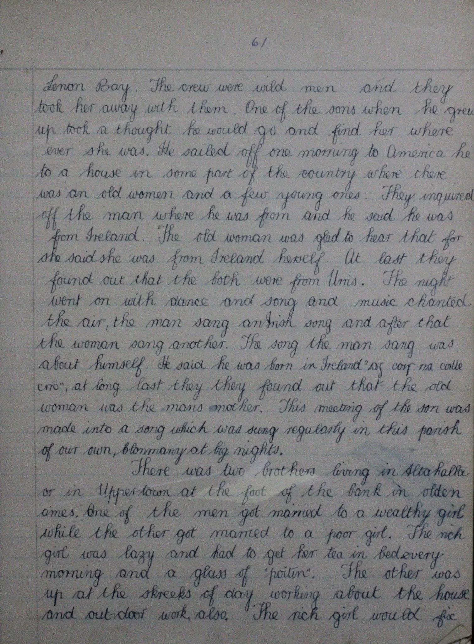 Brian Devlin’s original handwritten contribution, Dúchas, The Schools’ Collection, page 61.