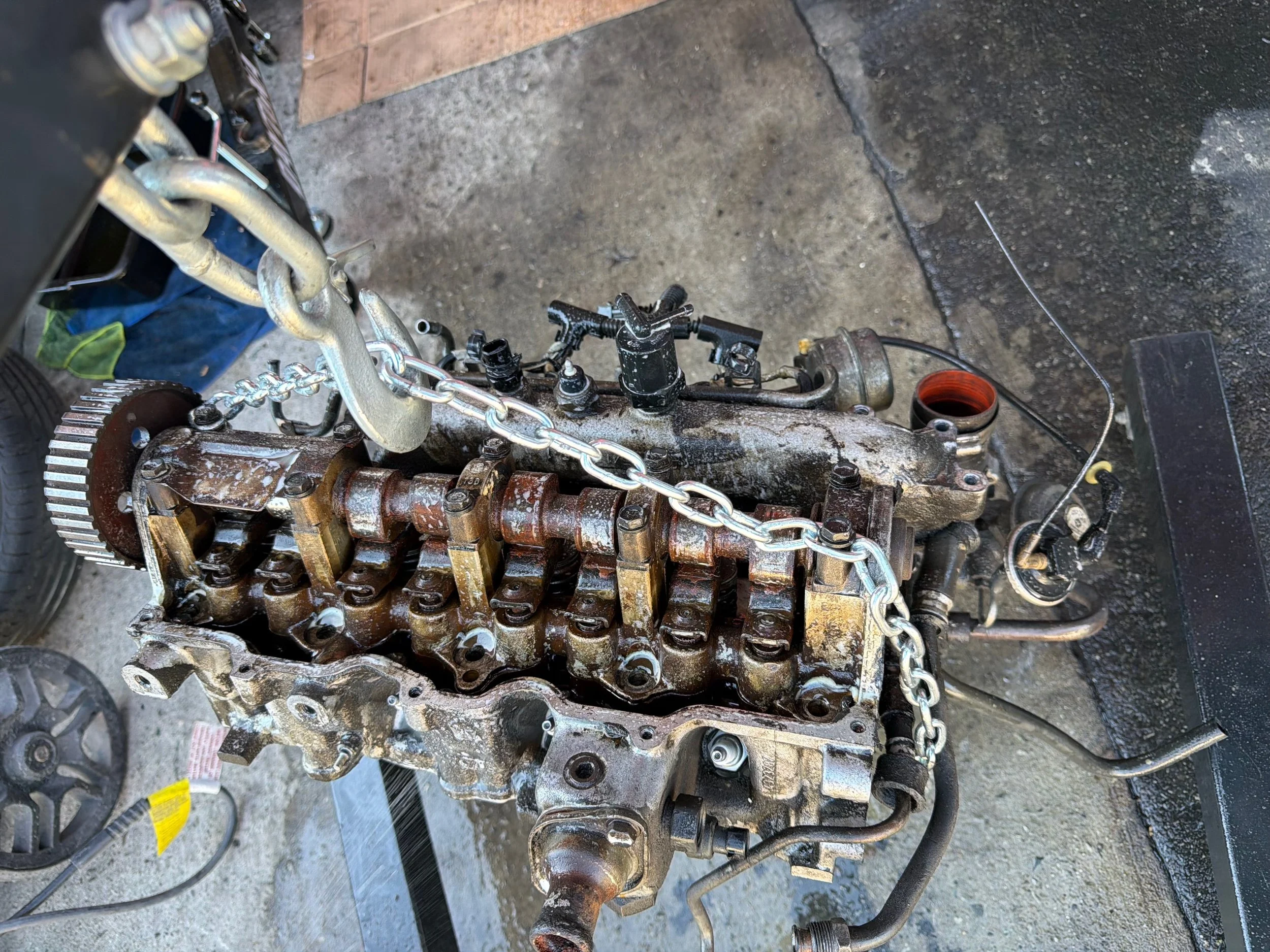 The cylinder head on the engine stand, cleaned up, showing the camshaft lobes