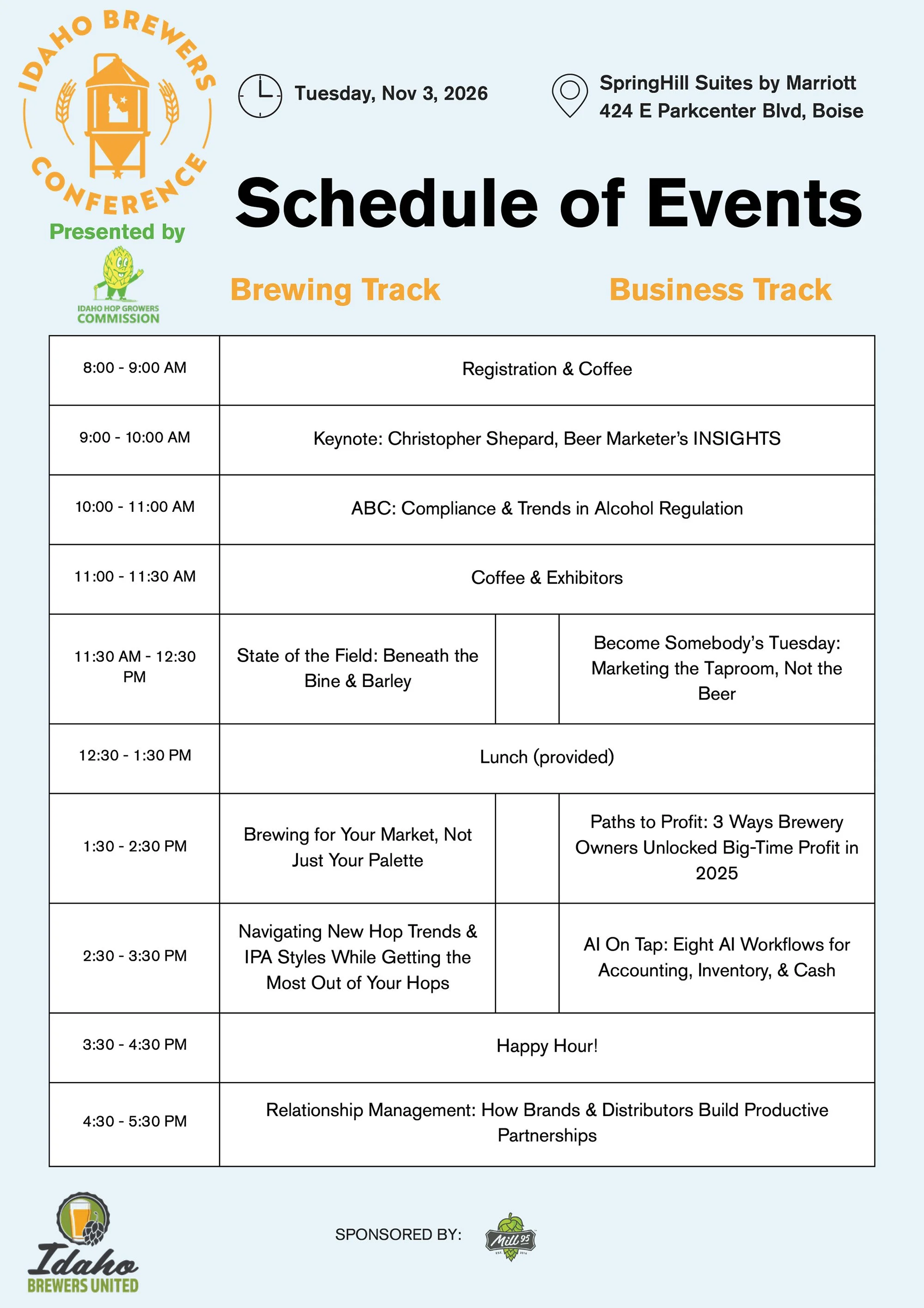 Idaho Brewers Conference 2026 schedule of events, Tuesday, November 3, 2026, at SpringHill Suites by Marriott, 424 E Parkcenter Blvd, Boise. 8:00 to 9:00 AM, registration and coffee. 9:00 to 10:00 AM, keynote: Christopher Shepard, Beer Marketer&rsquo;s INSIGHTS. 10:00 to 11:00 AM, ABC: Compliance and Trends in Alcohol Regulation. 11:00 to 11:30 AM, coffee and exhibitors. 11:30 AM to 12:30 PM, Brewing Track: State of the Field, Beneath the Bine and Barley; Business Track: Become Somebody&rsquo;s Tuesday, Marketing the Taproom, Not the Beer. 12:30 to 1:30 PM, lunch, provided. 1:30 to 2:30 PM, Brewing Track: Brewing for Your Market, Not Just Your Palette; Business Track: Paths to Profit, 3 Ways Brewery Owners Unlocked Big-Time Profit in 2025. 2:30 to 3:30 PM, Brewing Track: Navigating New Hop Trends and IPA Styles While Getting the Most Out of Your Hops; Business Track: AI On Tap, Eight AI Workflows for Accounting, Inventory, and Cash. 3:30 to 4:30 PM, happy hour. 4:30 to 5:30 PM, Relationship Management: How Brands and Distributors Build Productive Partnerships. Presented by the Idaho Hop Growers Commission. Sponsored by Mill 95.