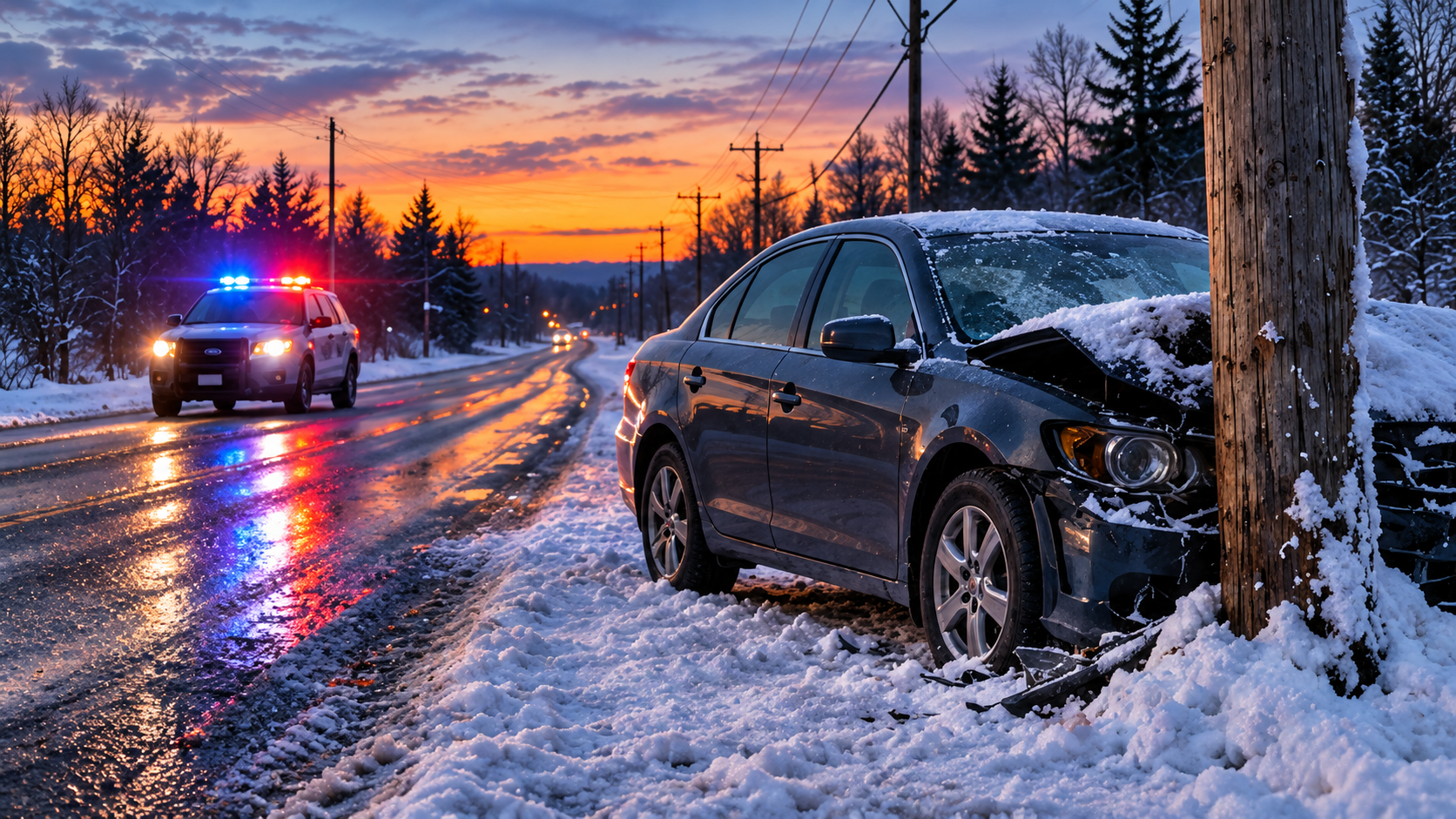 Illustrated winter crash scene: a damaged car beside a snowy road with police arriving