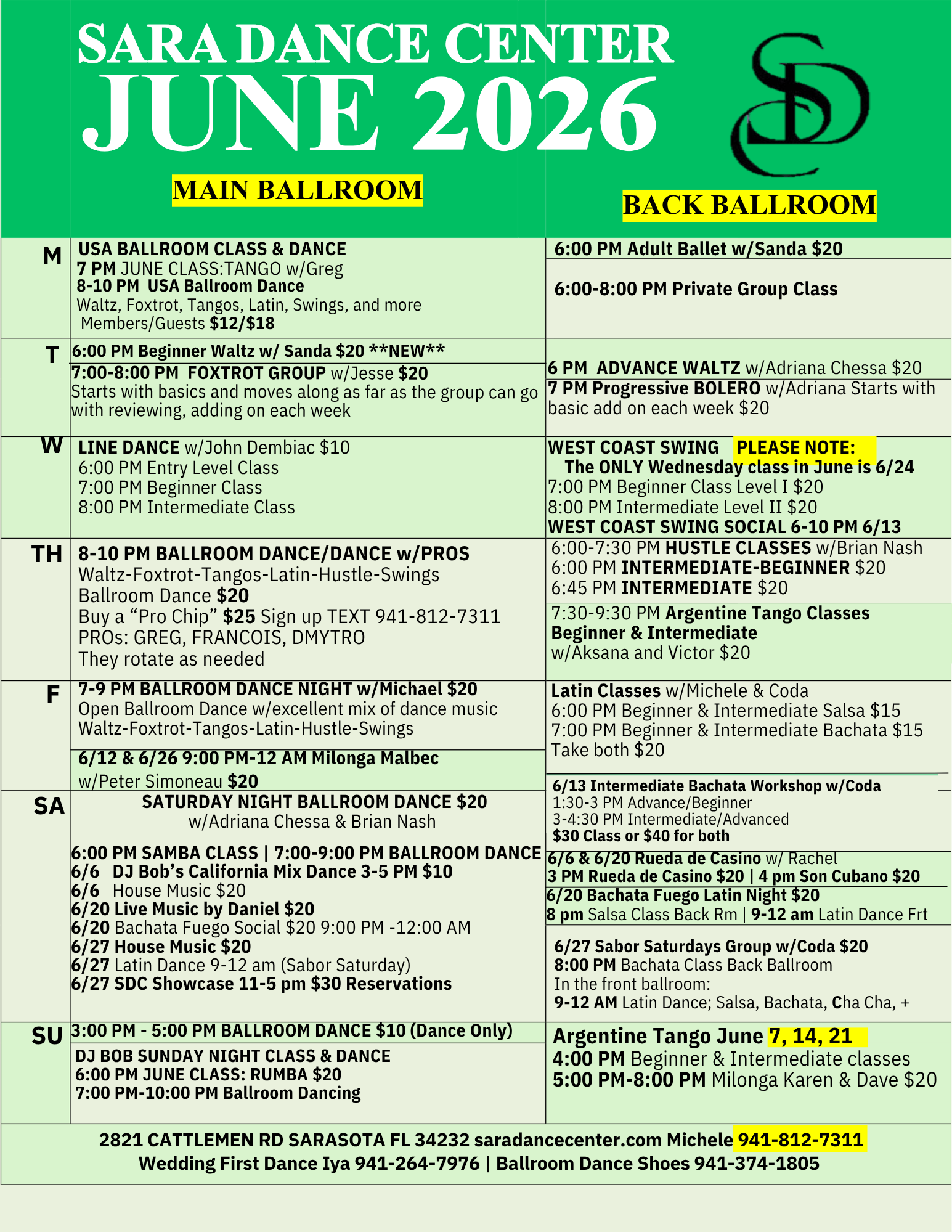 Sara Dance Center Monthly Calendar