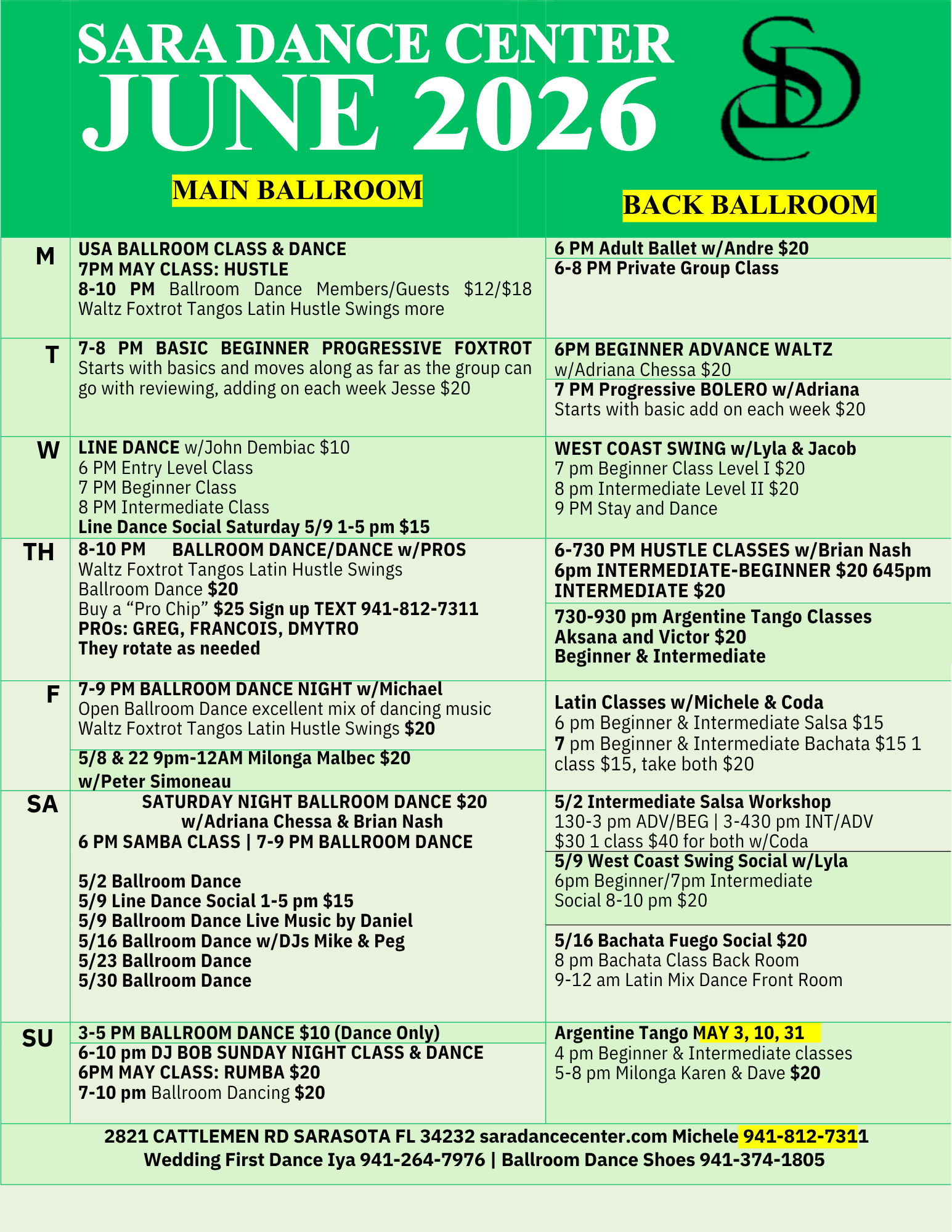 Sara Dance Center Monthly Calendar