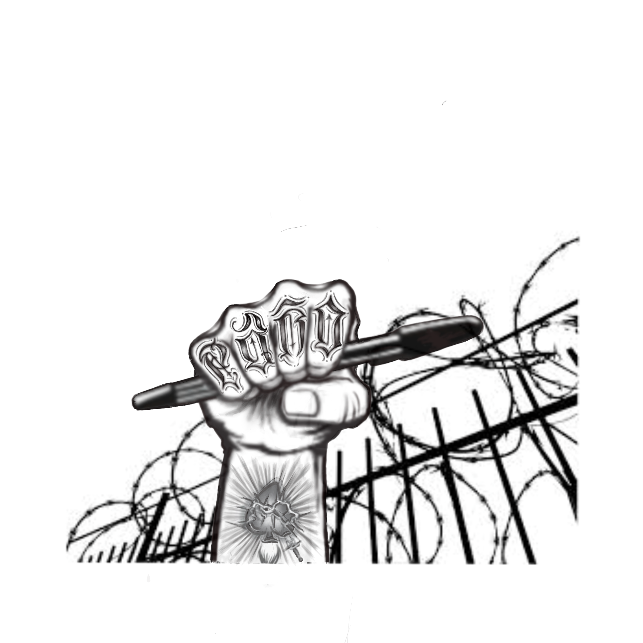 Emblem: a fist holding a pencil rising over a chain-link fence