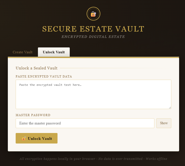 Secure Estate Vault unlock tab