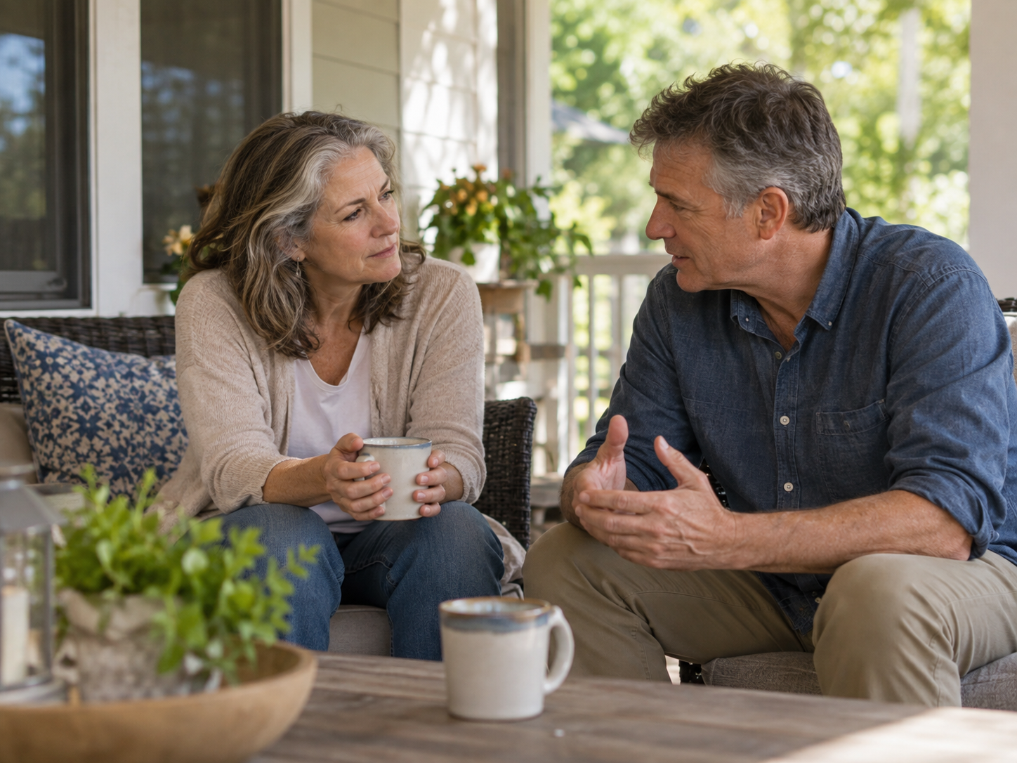A middle-aged couple having a quiet conversation on a porch