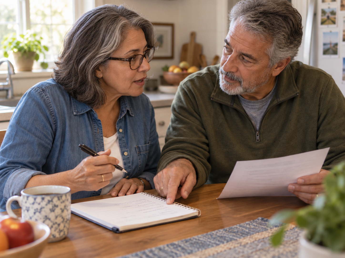 A middle-aged couple preparing questions together at a kitchen table